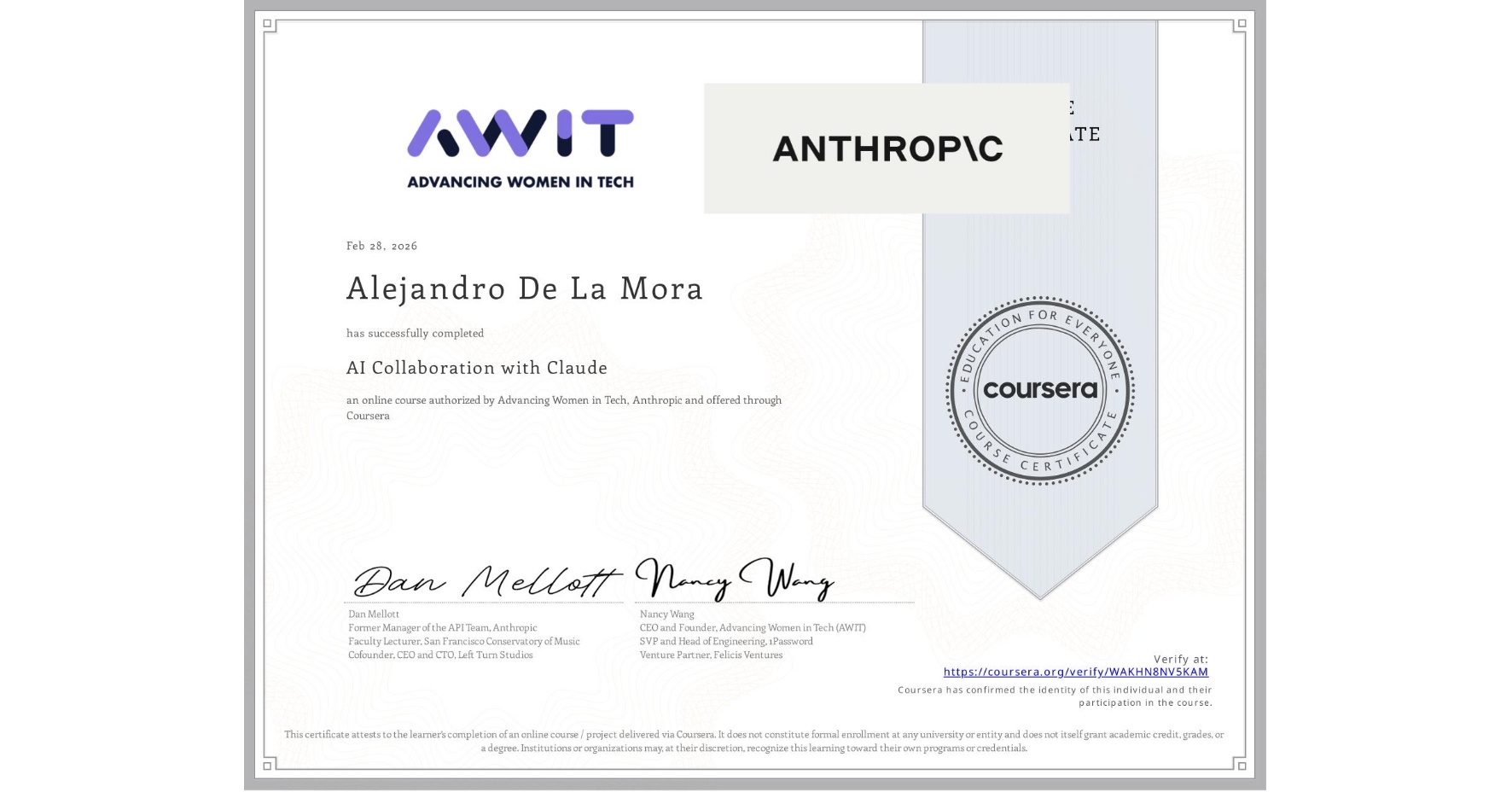 AI Collaboration with Claude certificate