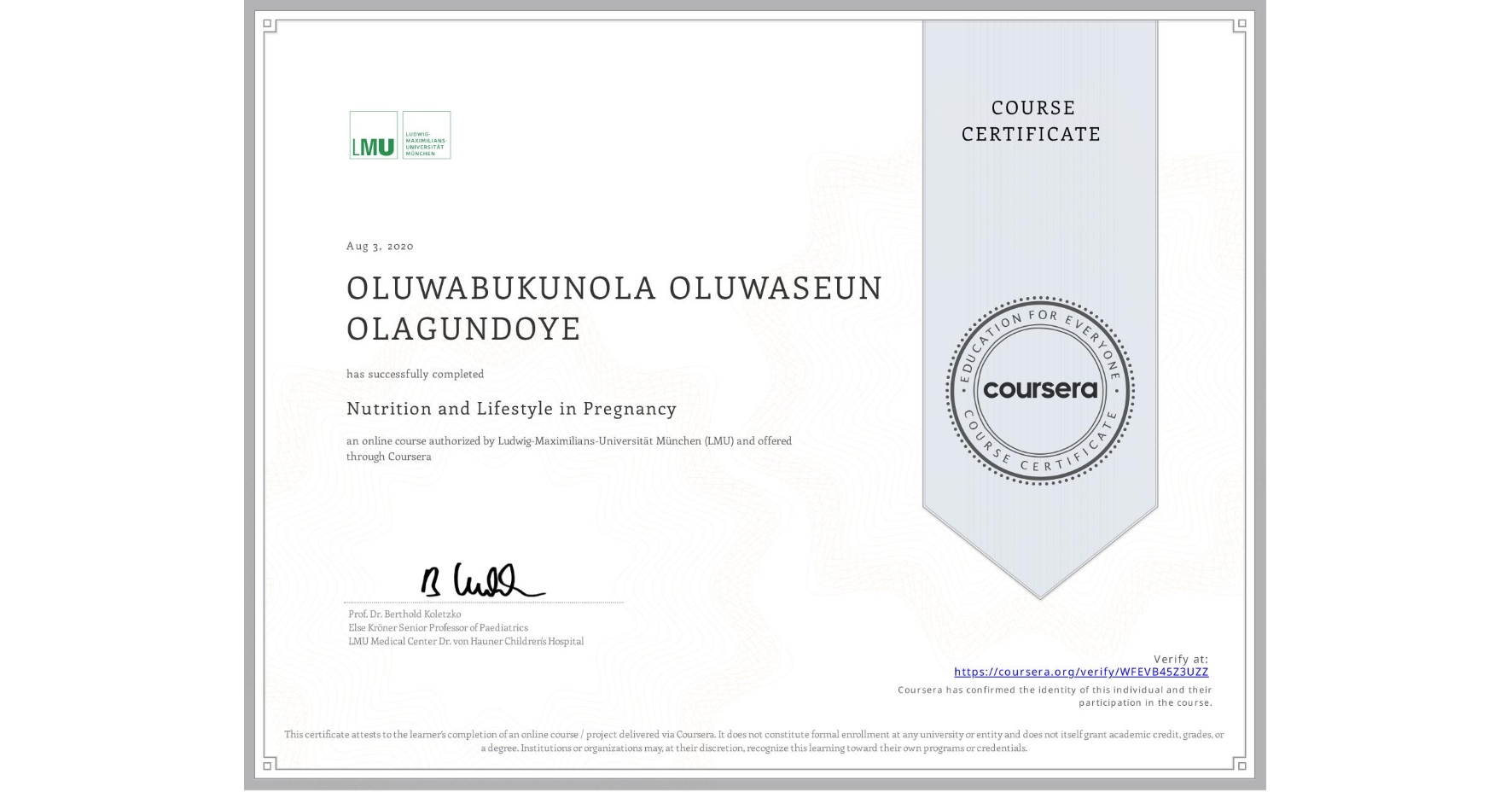 View certificate for OLUWABUKUNOLA OLUWASEUN OLAGUNDOYE, Nutrition and Lifestyle in Pregnancy, an online non-credit course authorized by Ludwig-Maximilians-Universität München (LMU) and offered through Coursera