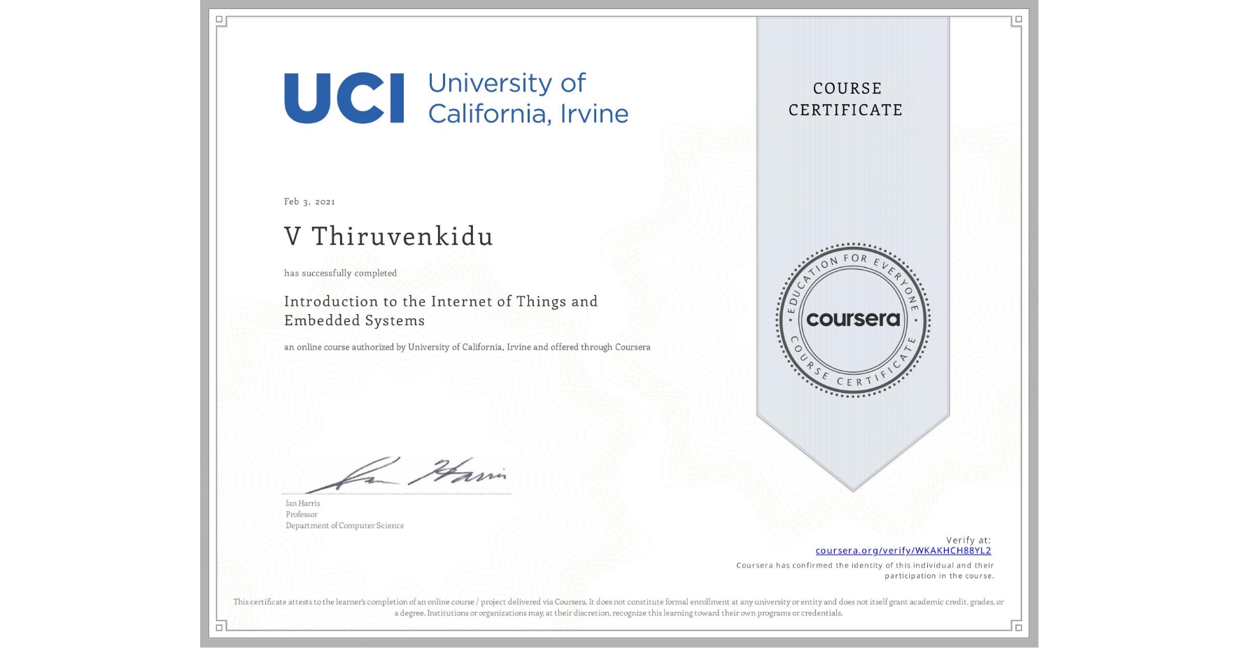 View certificate for V Thiruvenkidu, Introduction to the Internet of Things and Embedded Systems, an online non-credit course authorized by University of California, Irvine and offered through Coursera