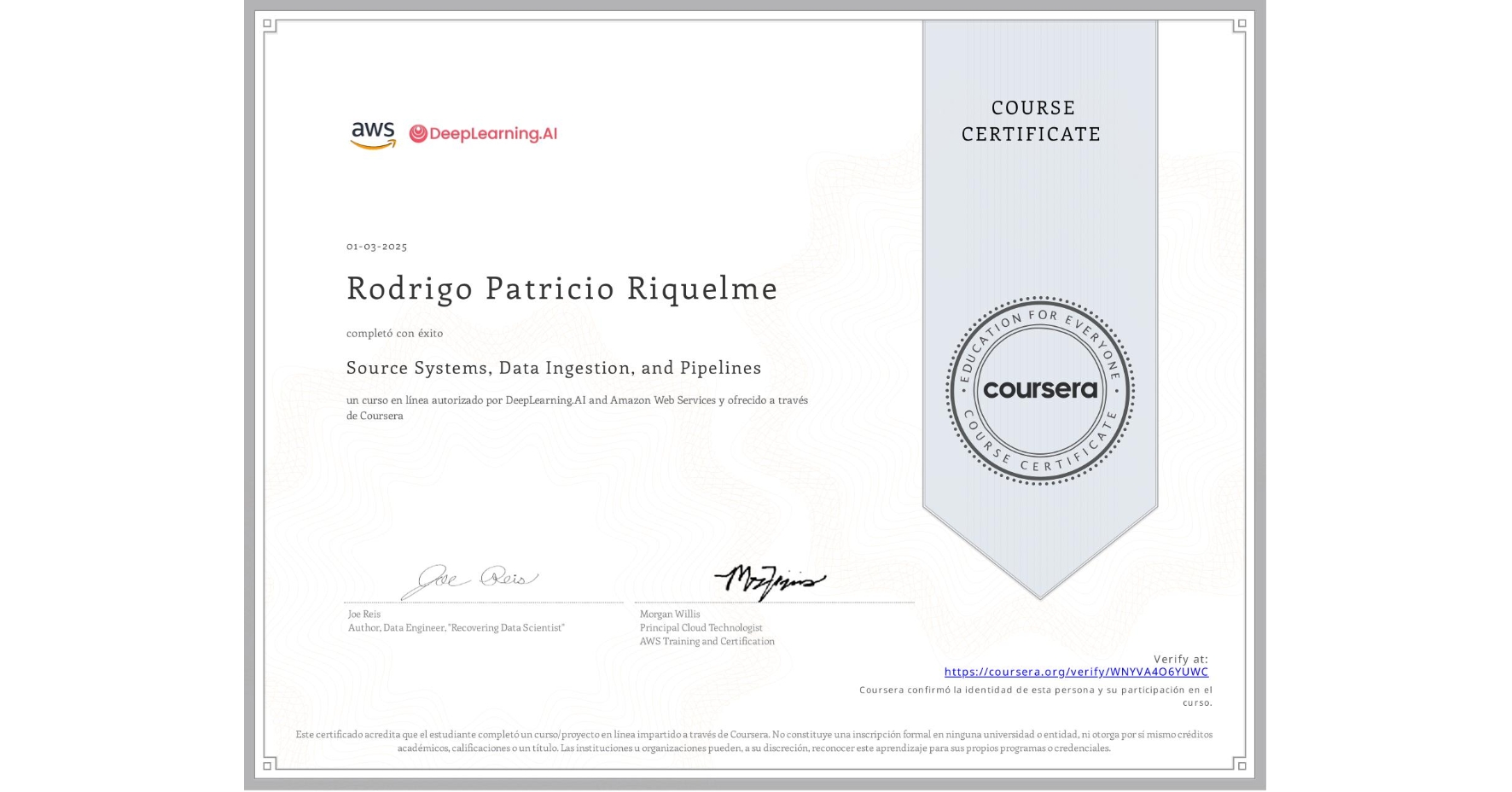 View certificate for Rodrigo Patricio Riquelme, Source Systems, Data Ingestion, and Pipelines, an online non-credit course authorized by DeepLearning.AI & Amazon Web Services and offered through Coursera