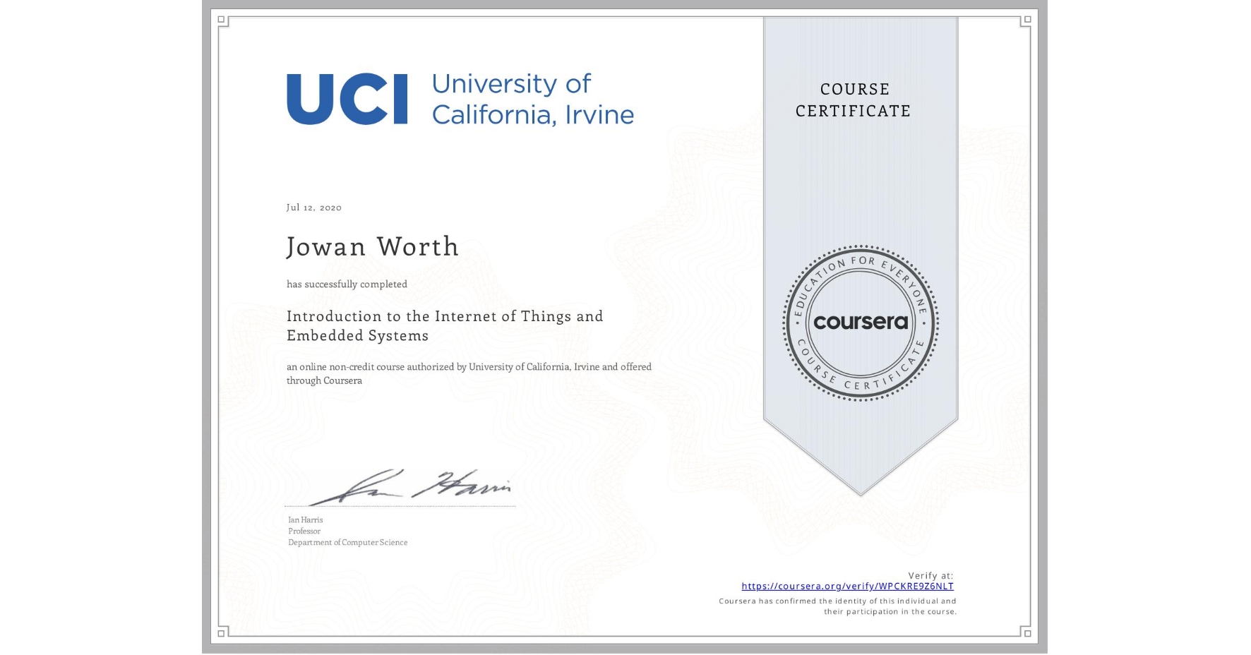 View certificate for Jowan Worth, Introduction to the Internet of Things and Embedded Systems, an online non-credit course authorized by University of California, Irvine and offered through Coursera