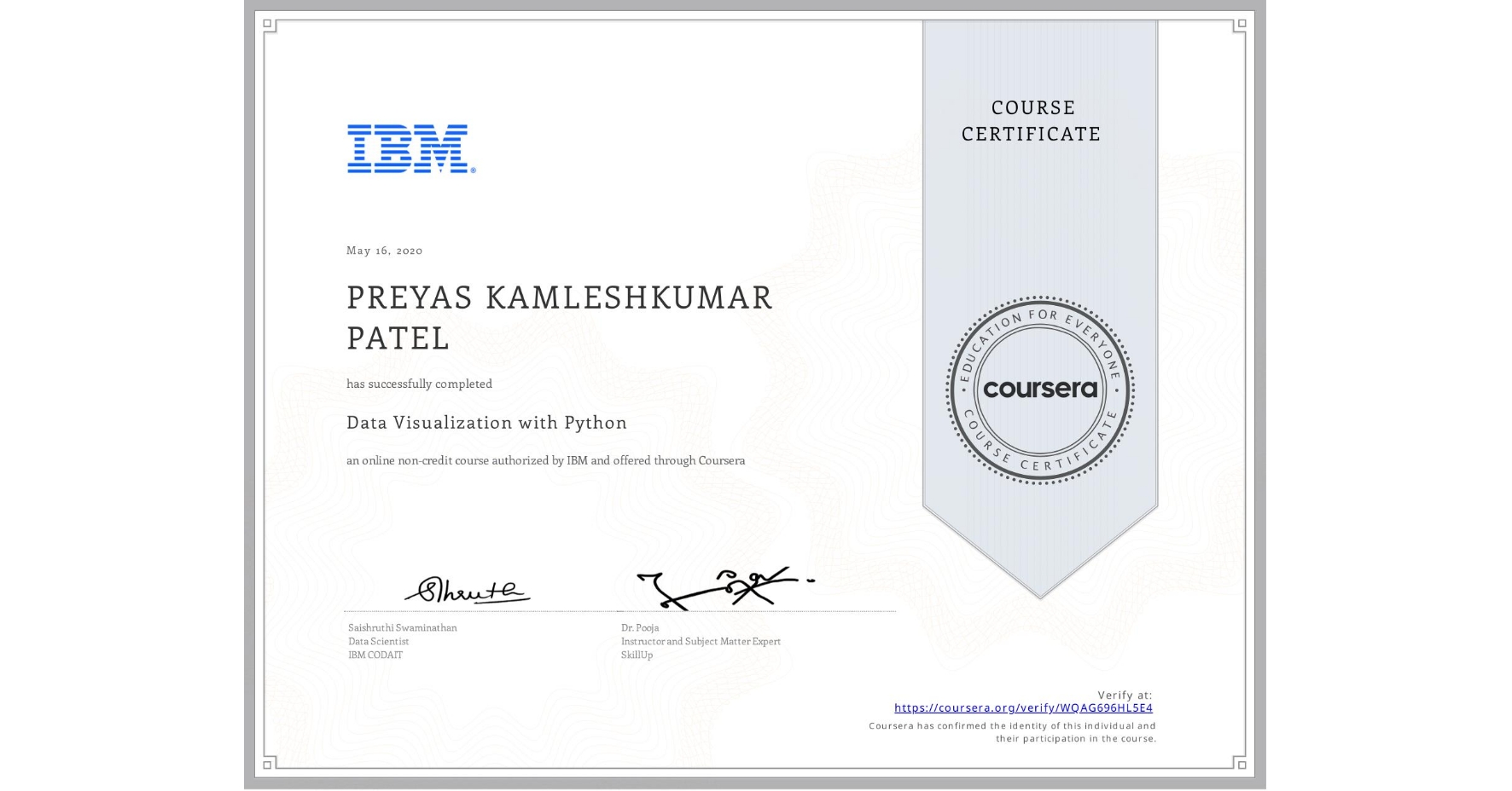 View certificate for PREYAS KAMLESHKUMAR  PATEL, Data Visualization with Python, an online non-credit course authorized by IBM and offered through Coursera