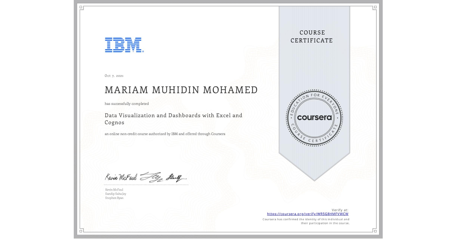 View certificate for MARIAM MUHIDIN MOHAMED, Data Visualization and Dashboards with Excel and Cognos, an online non-credit course authorized by IBM and offered through Coursera