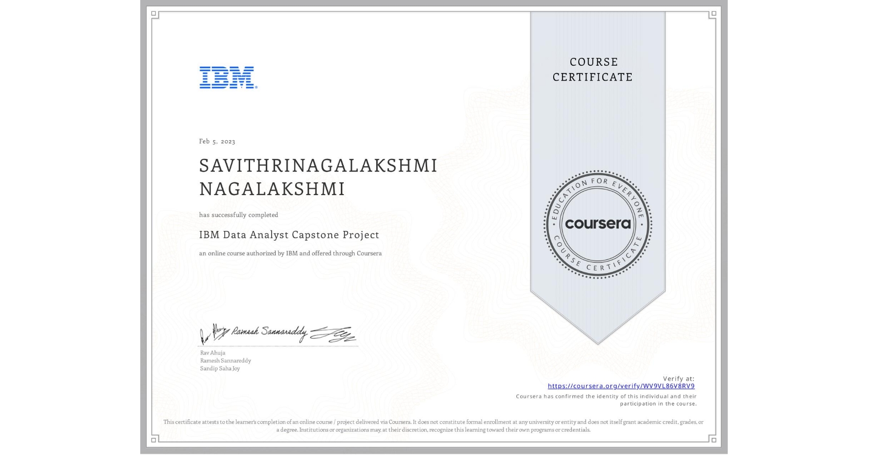 View certificate for SAVITHRINAGALAKSHMI NAGALAKSHMI, IBM Data Analyst Capstone Project, an online non-credit course authorized by IBM and offered through Coursera