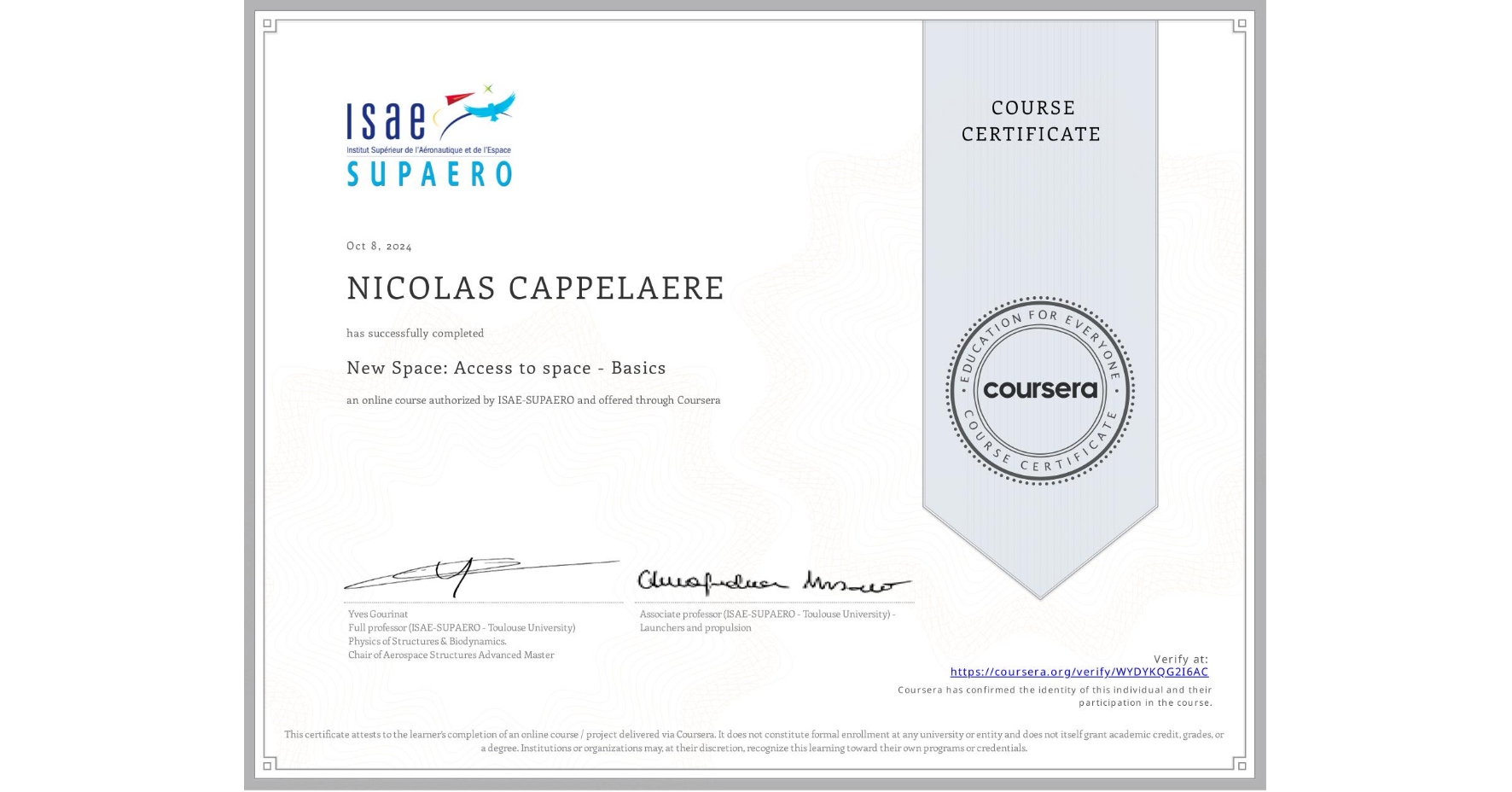 View certificate for NICOLAS CAPPELAERE, New Space: Access to space - Basics, an online non-credit course authorized by ISAE-SUPAERO and offered through Coursera