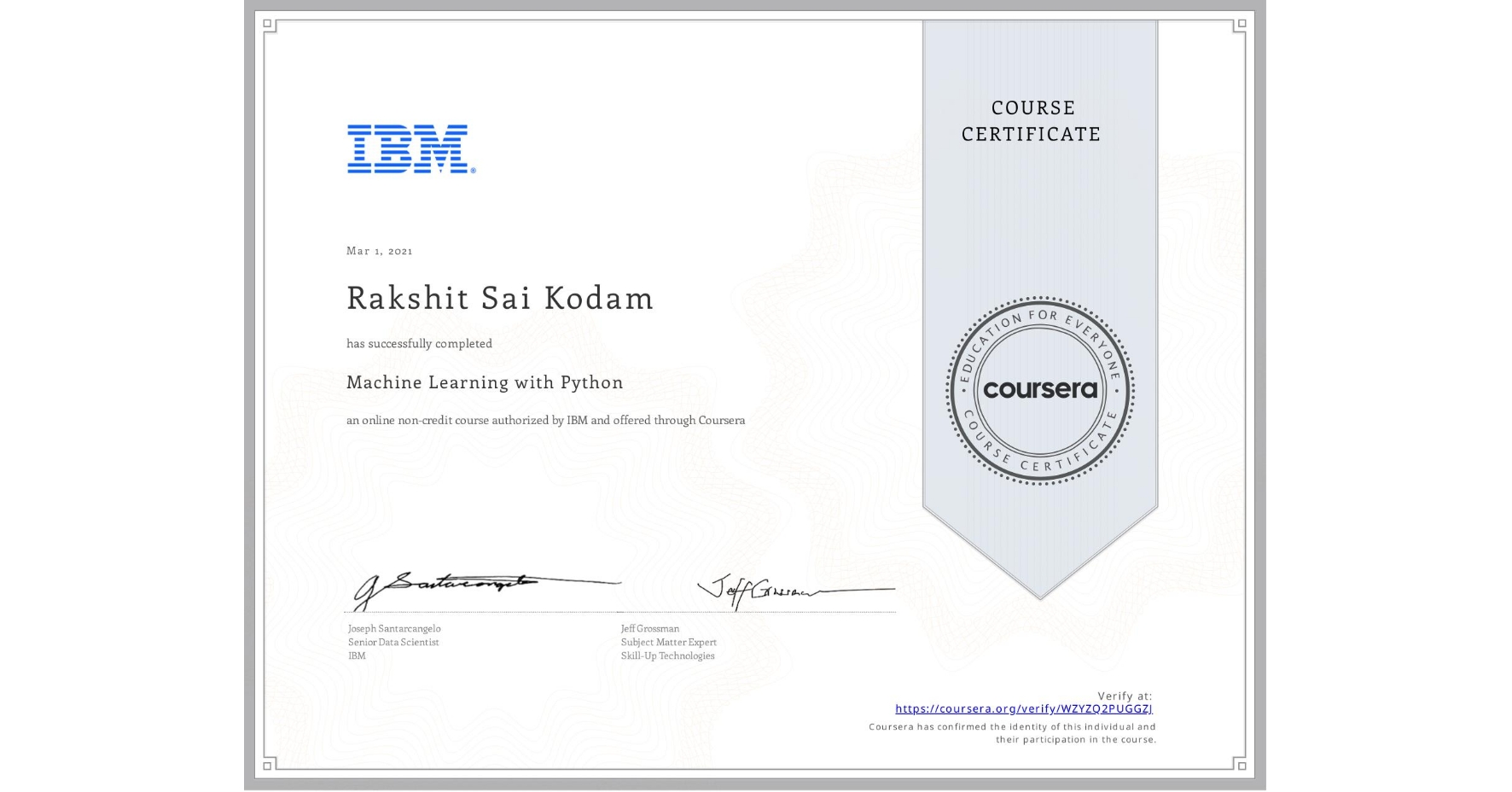 View certificate for Rakshit Sai Kodam, Machine Learning with Python, an online non-credit course authorized by IBM and offered through Coursera