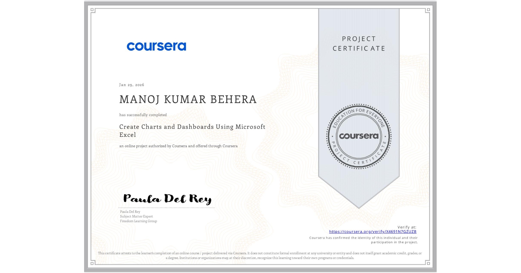 View certificate for MANOJ KUMAR BEHERA, Create Charts and Dashboards Using Microsoft Excel, an online non-credit course authorized by Coursera and offered through Coursera