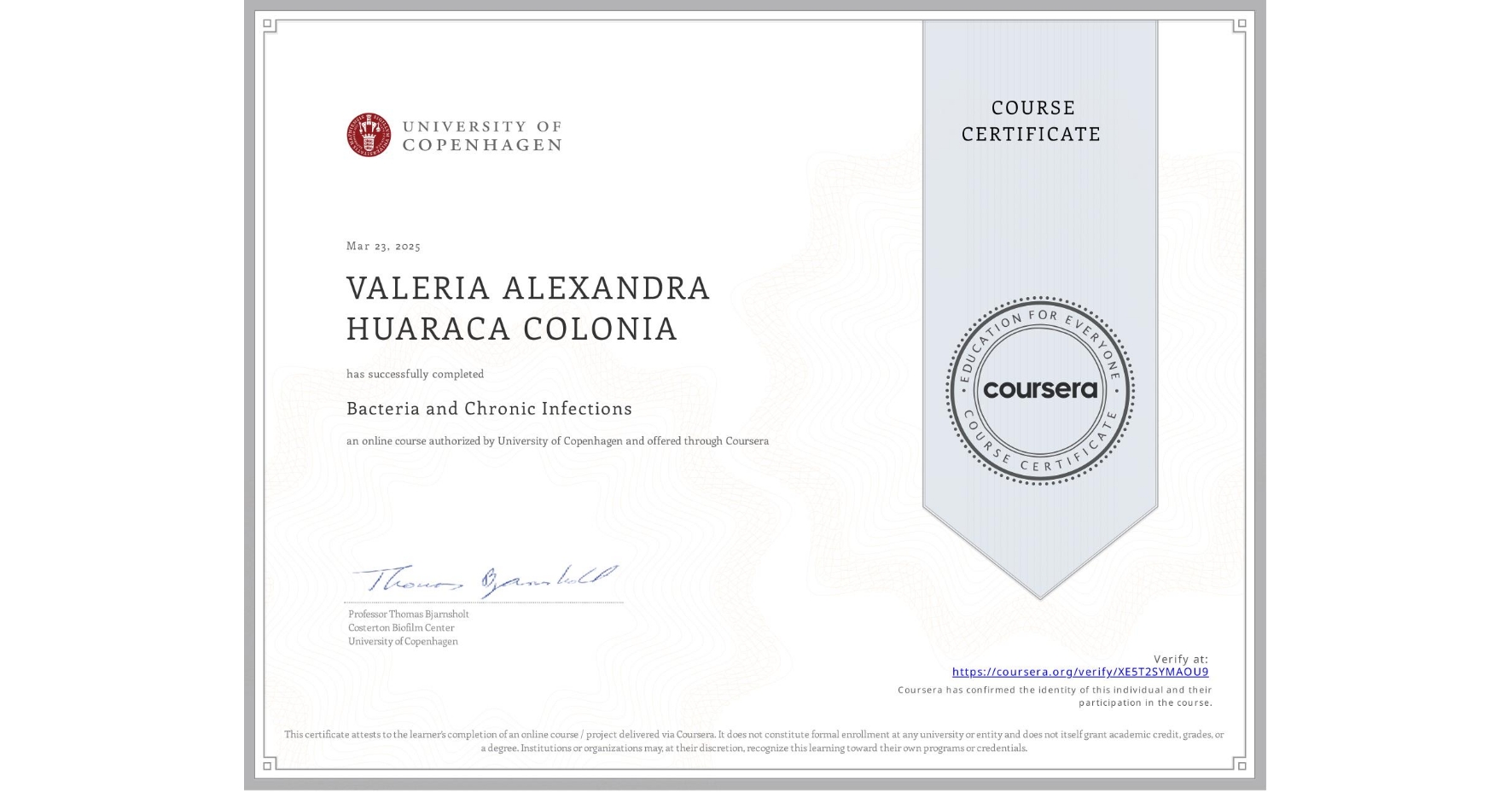 View certificate for VALERIA ALEXANDRA HUARACA COLONIA, Bacteria and Chronic Infections, an online non-credit course authorized by University of Copenhagen and offered through Coursera