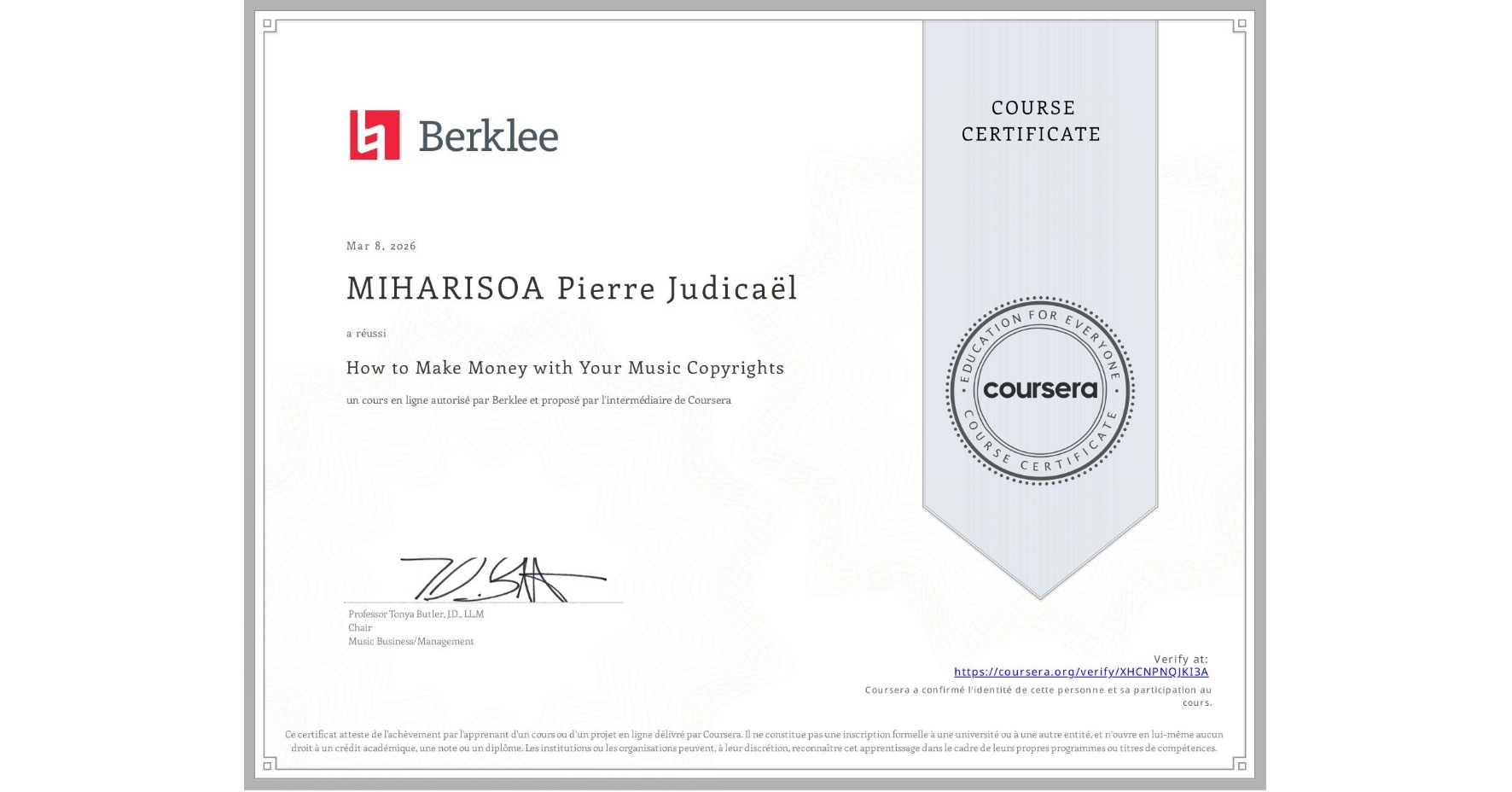 View certificate for MIHARISOA Pierre Judicaël, How to Make Money with Your Music Copyrights, an online non-credit course authorized by Berklee and offered through Coursera