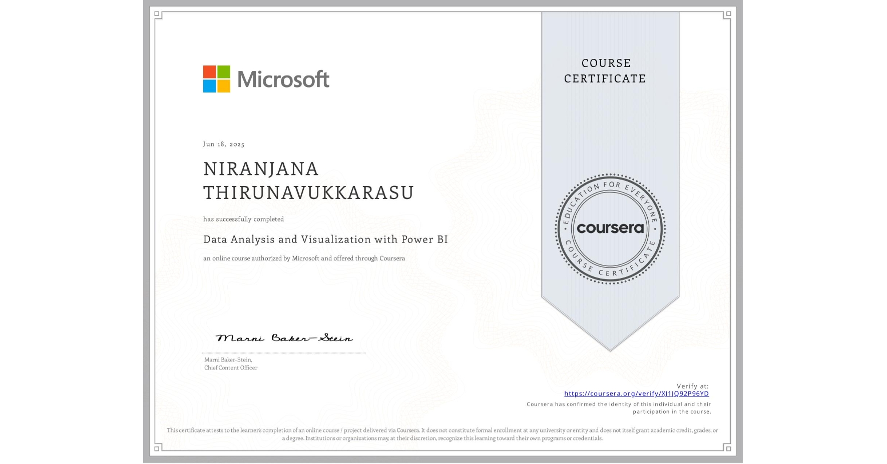 View certificate for NIRANJANA THIRUNAVUKKARASU, Data Analysis and Visualization with Power BI, an online non-credit course authorized by Microsoft and offered through Coursera