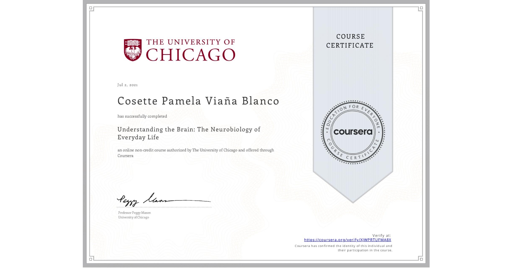 View certificate for Cosette Pamela ViaƱa Blanco, Understanding the Brain: The Neurobiology of Everyday Life, an online non-credit course authorized by The University of Chicago and offered through Coursera