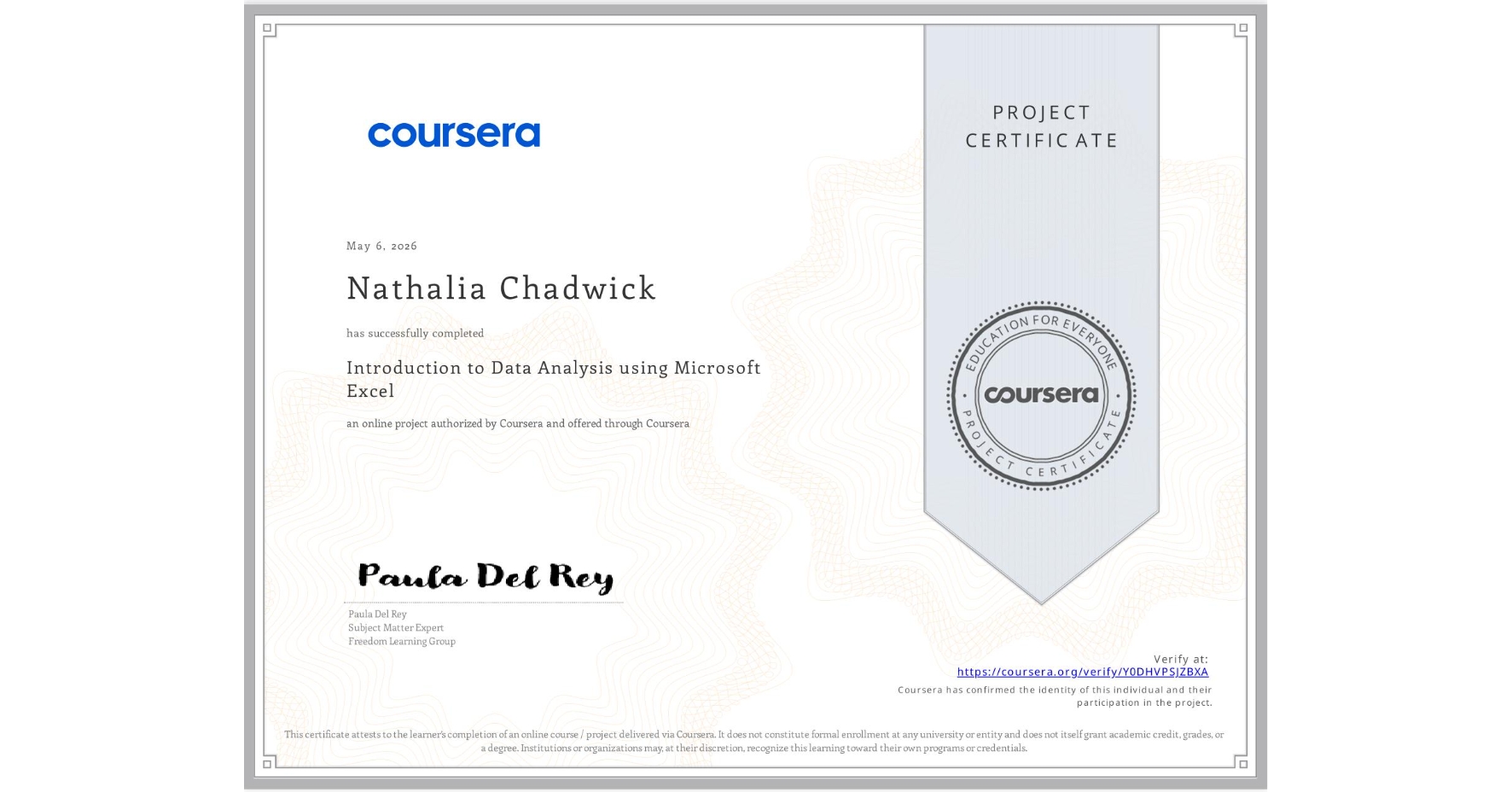 View certificate for Nathalia Chadwick, Introduction to Data Analysis using Microsoft Excel, an online non-credit course authorized by Coursera and offered through Coursera