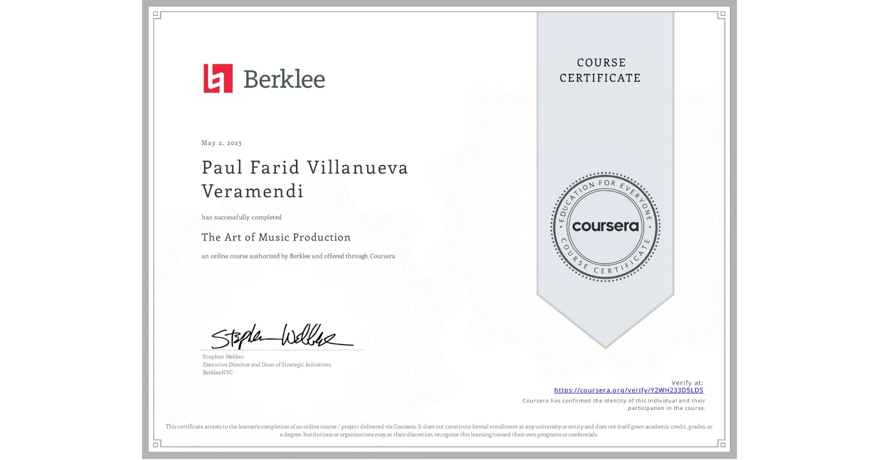 View certificate for Paul Farid Villanueva Veramendi, The Art of Music Production, an online non-credit course authorized by Berklee and offered through Coursera