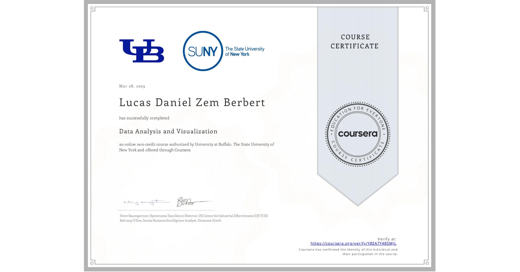 View certificate for Lucas Daniel  Zem Berbert, Data Analysis and Visualization, an online non-credit course authorized by University at Buffalo & The State University of New York and offered through Coursera
