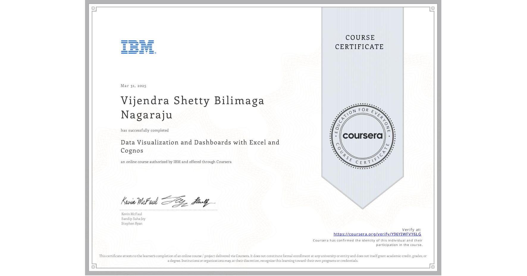 View certificate for Vijendra Shetty Bilimaga Nagaraju, Data Visualization and Dashboards with Excel and Cognos, an online non-credit course authorized by IBM and offered through Coursera