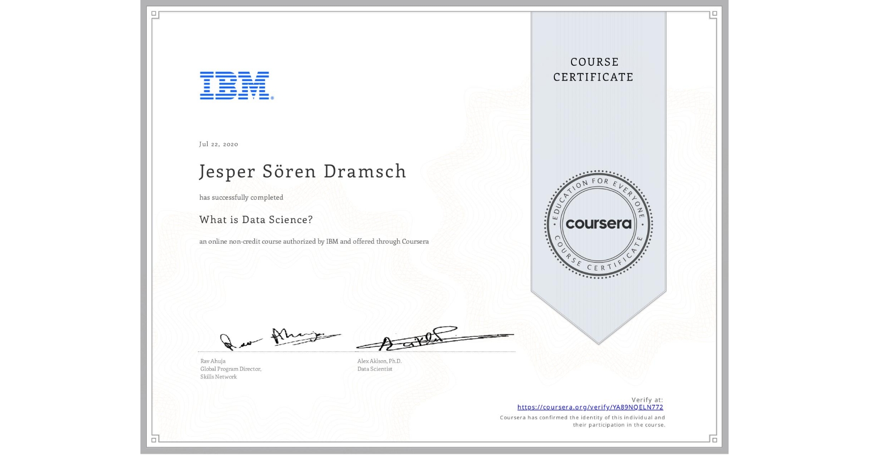 View certificate for Jesper Sören Dramsch, What is Data Science? , an online non-credit course authorized by IBM and offered through Coursera