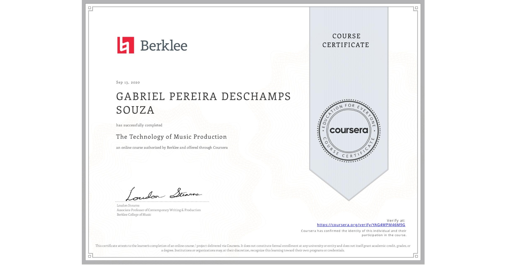 View certificate for  GABRIEL PEREIRA DESCHAMPS SOUZA, The Technology of Music Production, an online non-credit course authorized by Berklee and offered through Coursera