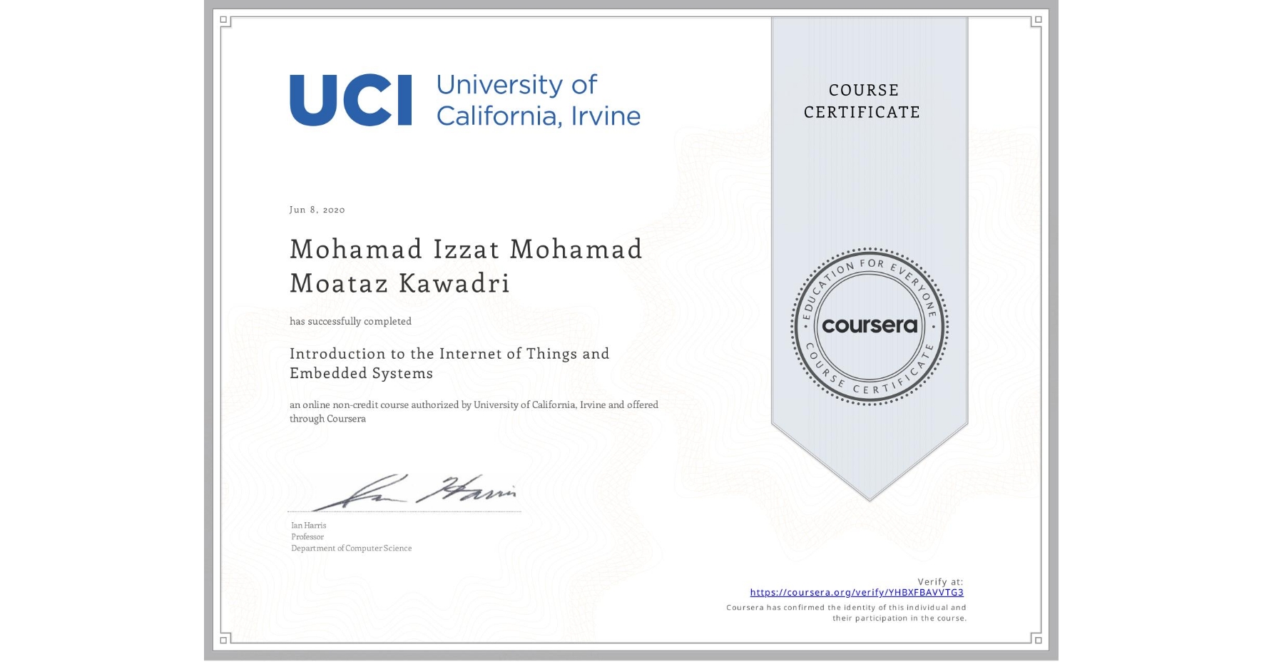 View certificate for Mohamad Izzat Mohamad Moataz Kawadri, Introduction to the Internet of Things and Embedded Systems, an online non-credit course authorized by University of California, Irvine and offered through Coursera