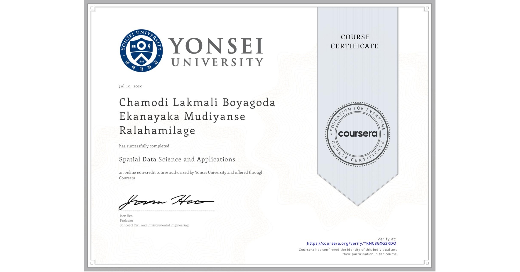 View certificate for  Chamodi Lakmali Boyagoda  Ekanayaka Mudiyanse Ralahamilage, Spatial Data Science and Applications, an online non-credit course authorized by Yonsei University and offered through Coursera