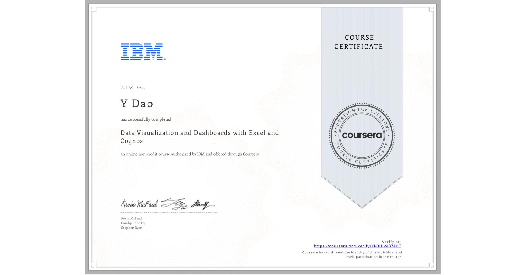 View certificate for Y Dao, Data Visualization and Dashboards with Excel and Cognos, an online non-credit course authorized by IBM and offered through Coursera