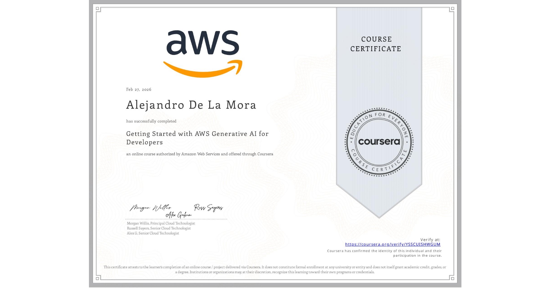 Getting Started with AWS Generative AI for Developers certificate
