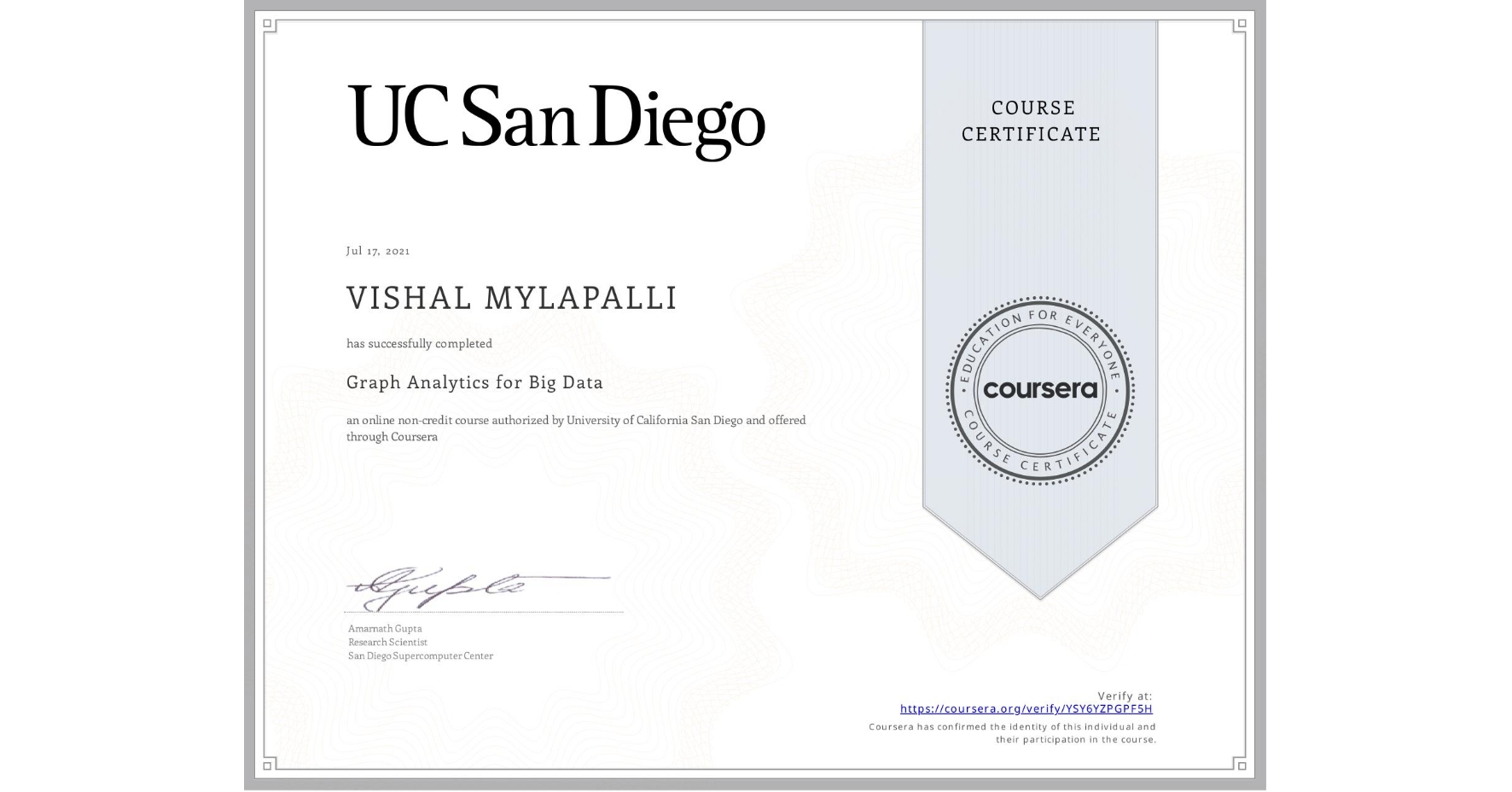 View certificate for VISHAL MYLAPALLI, Graph Analytics for Big Data, an online non-credit course authorized by University of California San Diego and offered through Coursera