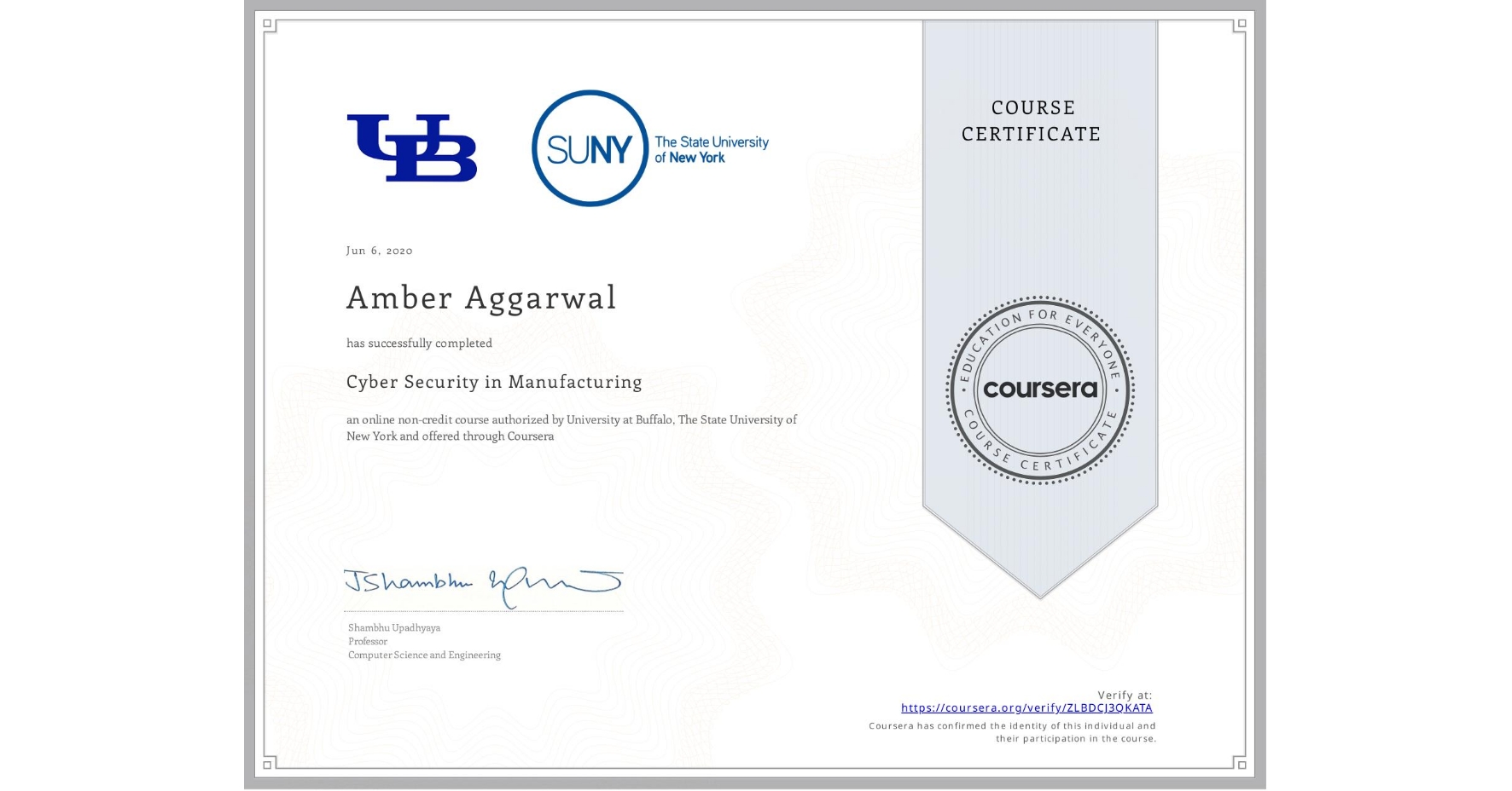 View certificate for Amber Aggarwal, Cyber Security in Manufacturing  , an online non-credit course authorized by University at Buffalo & The State University of New York and offered through Coursera