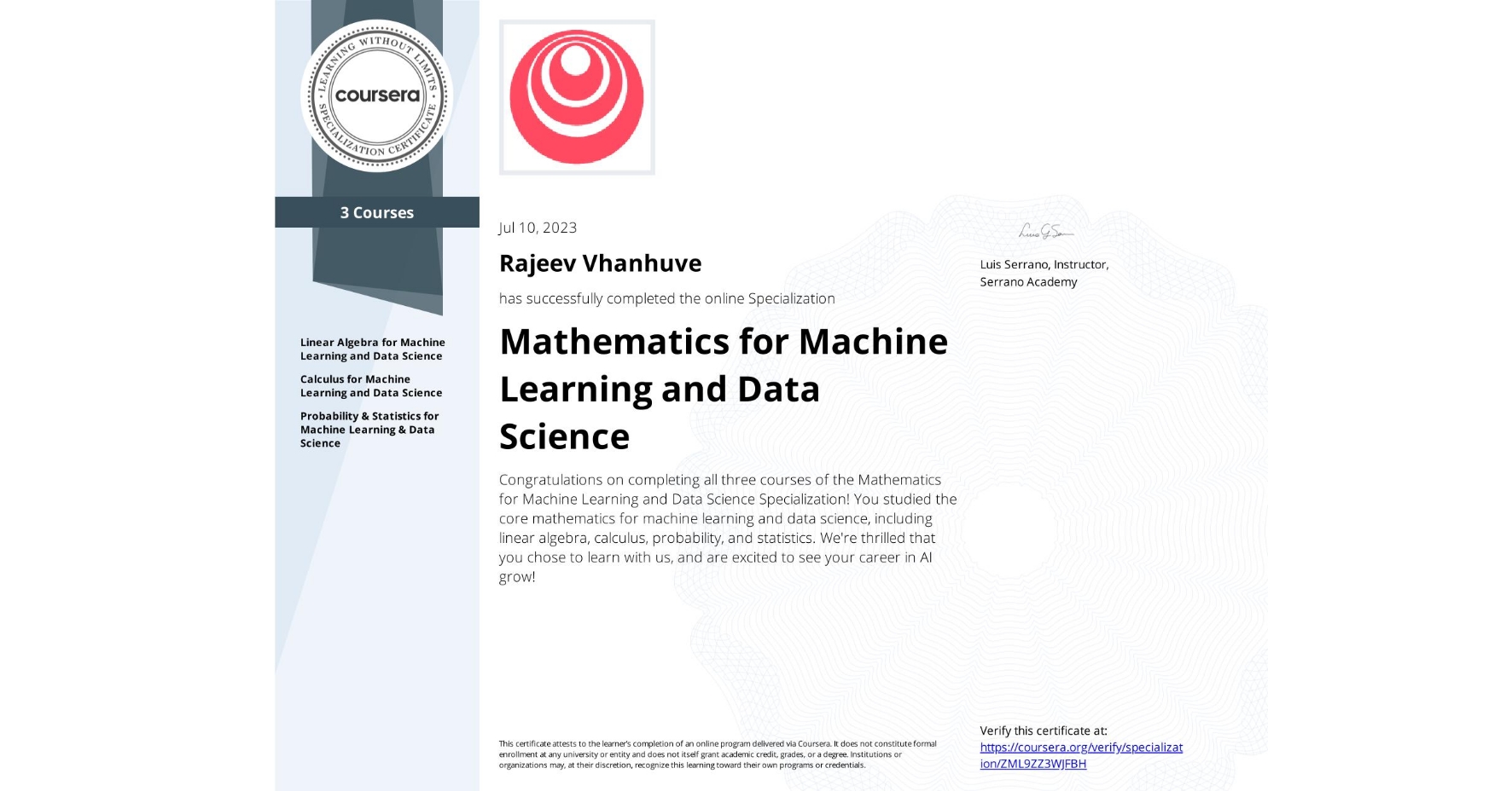 Mathematics for Machine Learning and Data Science Certificate