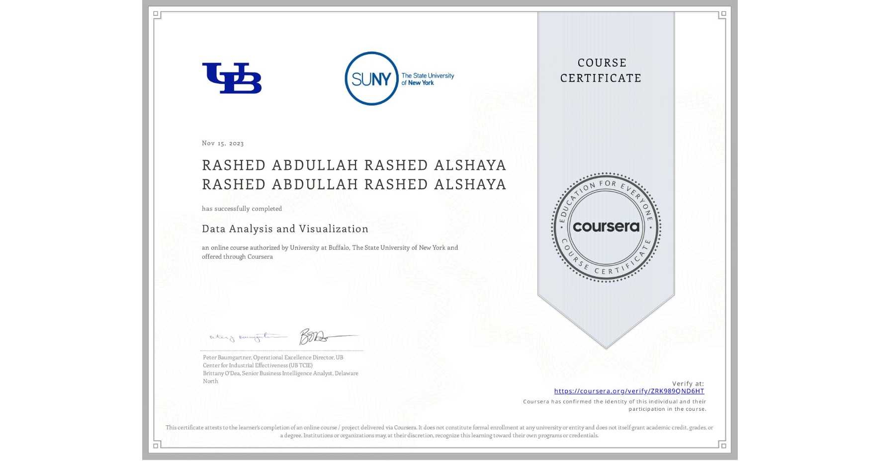 View certificate for RASHED ABDULLAH RASHED ALSHAYA RASHED ABDULLAH RASHED ALSHAYA, Data Analysis and Visualization, an online non-credit course authorized by University at Buffalo & The State University of New York and offered through Coursera