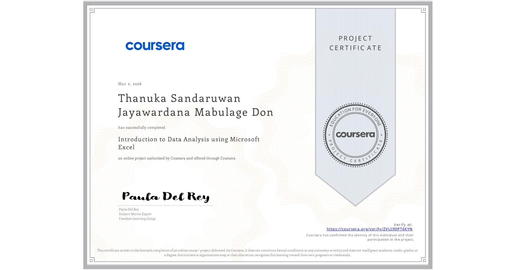 View certificate for Thanuka Sandaruwan Jayawardana Mabulage Don, Introduction to Data Analysis using Microsoft Excel, an online non-credit course authorized by Coursera and offered through Coursera