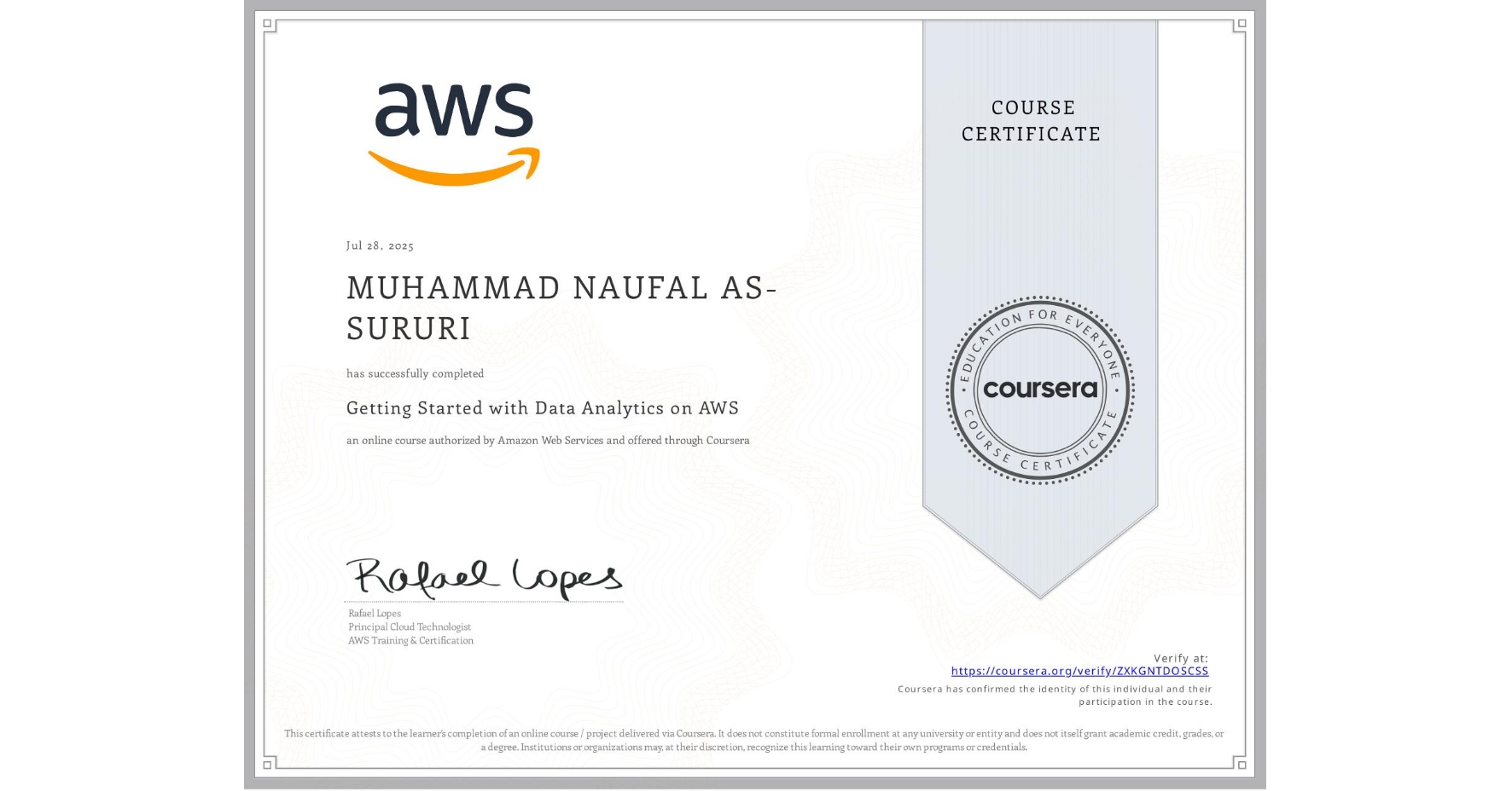 View certificate for MUHAMMAD NAUFAL AS-SURURI, Getting Started with Data Analytics on AWS, an online non-credit course authorized by Amazon Web Services and offered through Coursera
