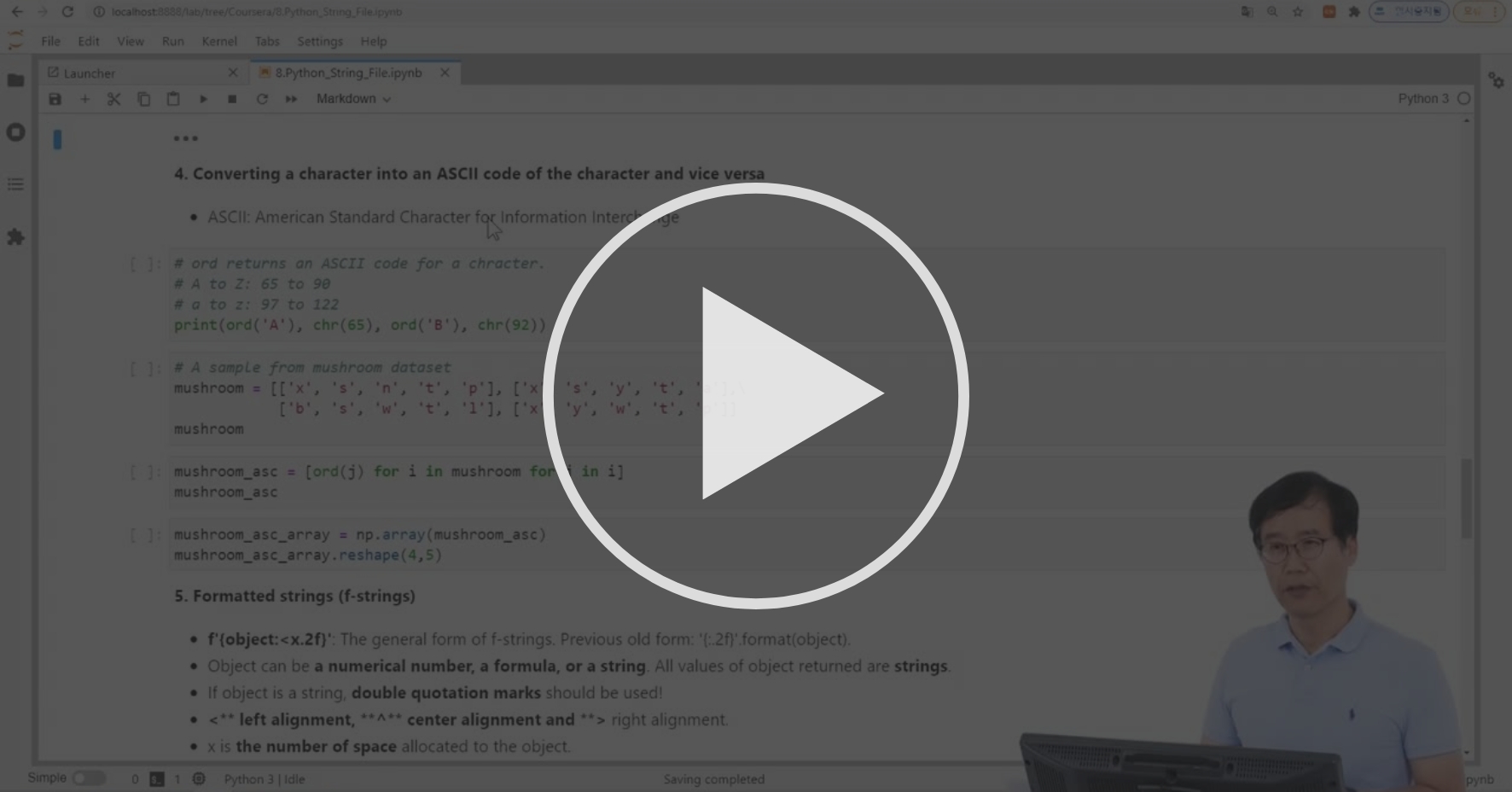 Character into ASCII code and f-strings - Strings and files | Coursera