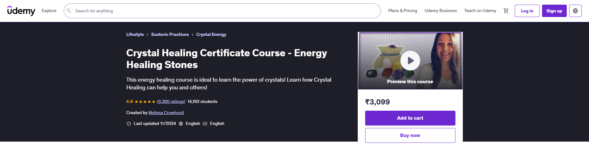 Cystal Healing Certification Course by Melissa Crowhurst on Udemy