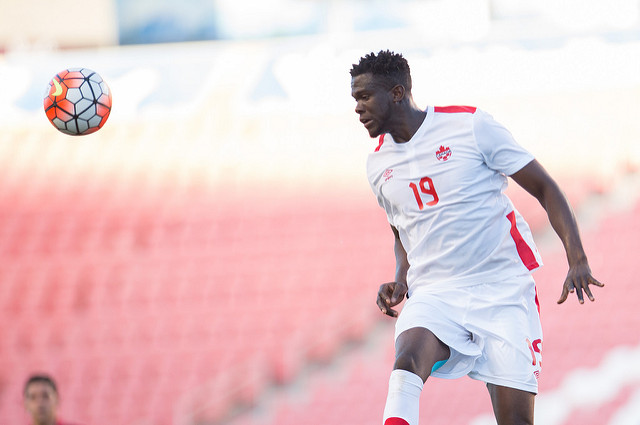 Skylar Thomas wins a header during the 2015 CONCACAF Olympic qualifying tournament. (Canada Soccer)