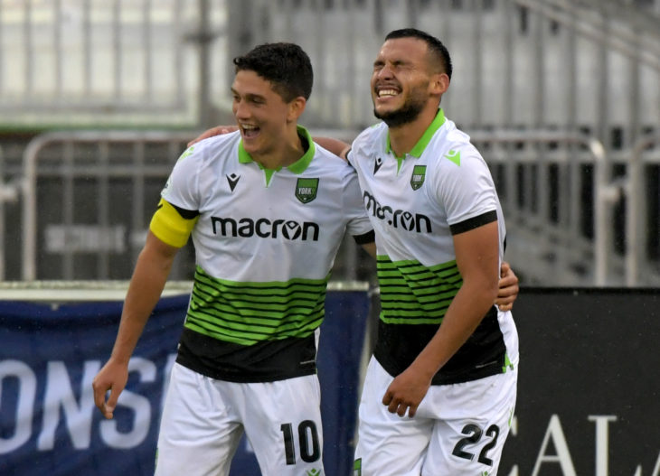 York9 midfielder Rodrigo Gattas (22) celebrates with midfielder Manuel Apricio (10) after scoring against FC Edmonton in the first half of a Canadian Championship soccer match at York University Field. (Photo: Dan Hamilton-USA TODAY Sports for CPL)