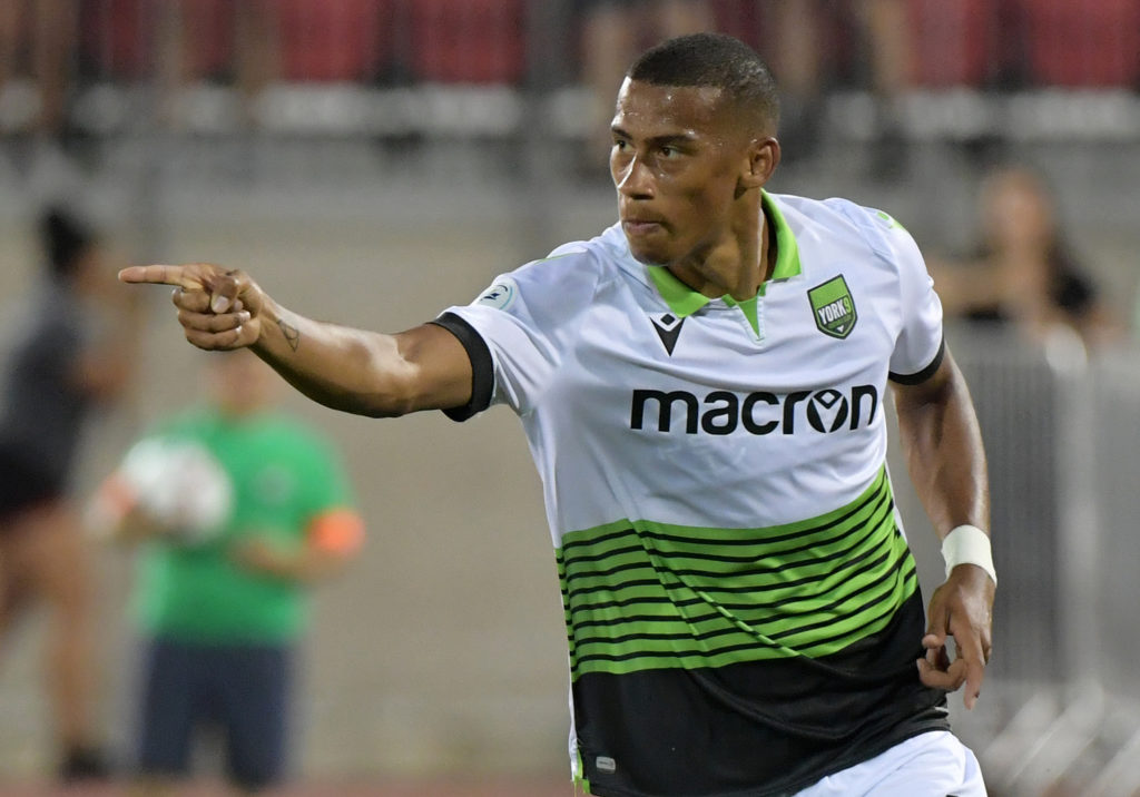 York 9 forward Ryan Telfer (18) reacts after a goal against Montreal Impact in the second half of a Canadian Championship soccer match at York Lions Stadium. Mandatory Credit: Dan Hamilton-USA TODAY Sports for CPL