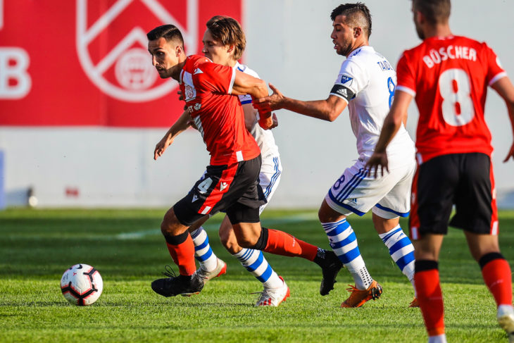 Cavalry FC defender Dominick Zator controls the ball against the Montreal Impact during the first half during the Canadian Championship Semi-final soccer match at Spruce Meadows. (Sergei Belski-USA TODAY Sports for CPL).