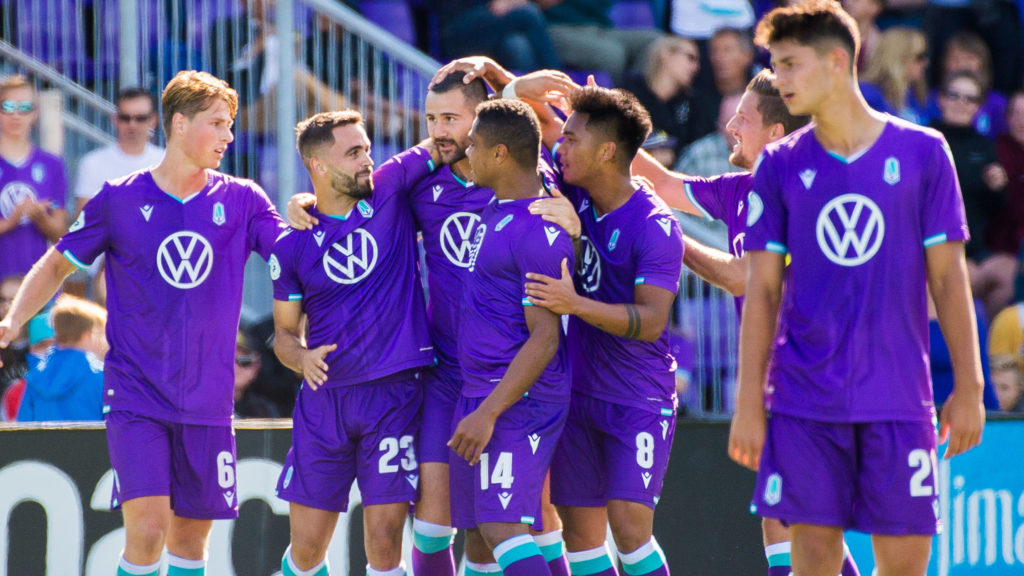 Pacific FC's Marcus Haber celebrates scoring against Valour FC. (Pacific FC/CPL).