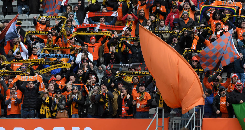 Apr 27, 2019; Hamilton, Ontario, CAN; Hamilton Forge fans cheer on their players in the second half against York 9 in the inaugural Canadian Premier League soccer match at Tim Hortons Field. Mandatory Credit: Dan Hamilton-USA TODAY Sports for CPL