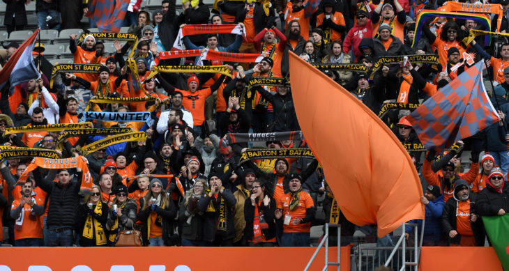 Apr 27, 2019; Hamilton, Ontario, CAN; Hamilton Forge fans cheer on their players in the second half against York 9 in the inaugural Canadian Premier League soccer match at Tim Hortons Field. Mandatory Credit: Dan Hamilton-USA TODAY Sports for CPL