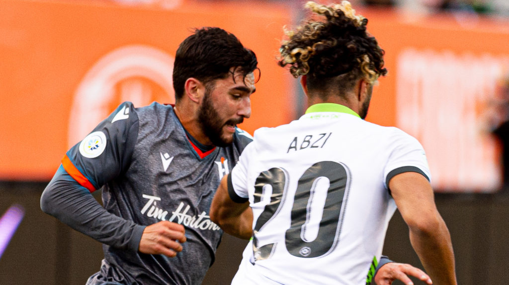 Forge FC's Tristan Borges battles with York9 FC's Diyaeddine Abzi. Photo: Ryan McCullough/CPL