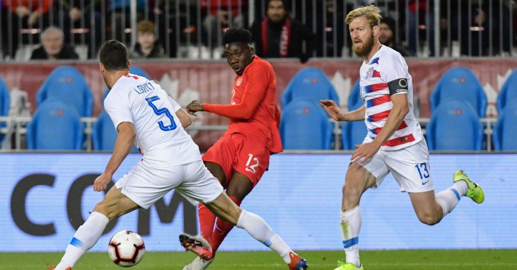 Canada's Alphonso Davies in action against the U.S. on Tuesday night. (Canada Soccer photo)