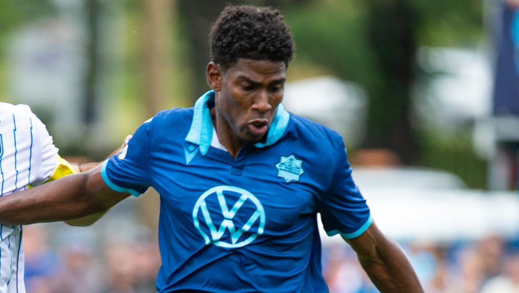 Canadian Premier League - HFX Wanderers FC vs FC Edmonton - Wanderers Grounds, Halifax, Nova Scotia - September 2, 2019. HFX Wanderers FC Midfielder Andre Rampersad (18) protects the ball from FC Edmonton Defender Ramon Soria (5) (Trevor MacMillan/CPL)