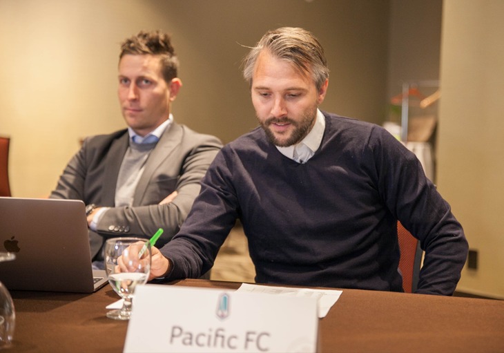PFC assistant coach James Merriman, CEO Rob Friend and head coach Michael Silberbauer during last week's draft. (Joelle Elfassy/Canadian Premier League)