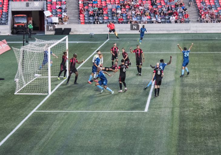 Luis Perea makes the net bulge for the Wanderers second goal in Ottawa. Photo: Steve Kingsman/Freestyle Photography for Ottawa Fury FC.