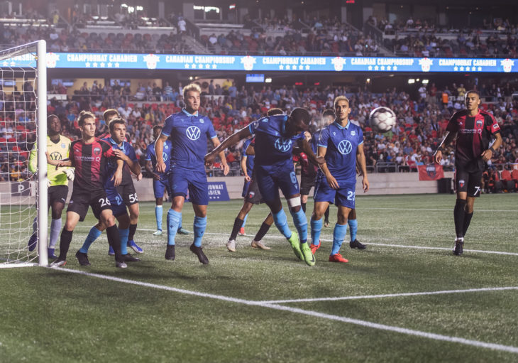Chrisnovic N'sa attacking the ball from a corner in Ottawa, Wednesday. Photo: Steve Kingsman/Freestyle Photography for Ottawa Fury FC.