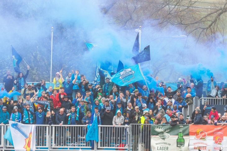 The blue smoke after a goal has been a special part of the Wanderers home games this CPL season. Photo: Trevor MacMillan.