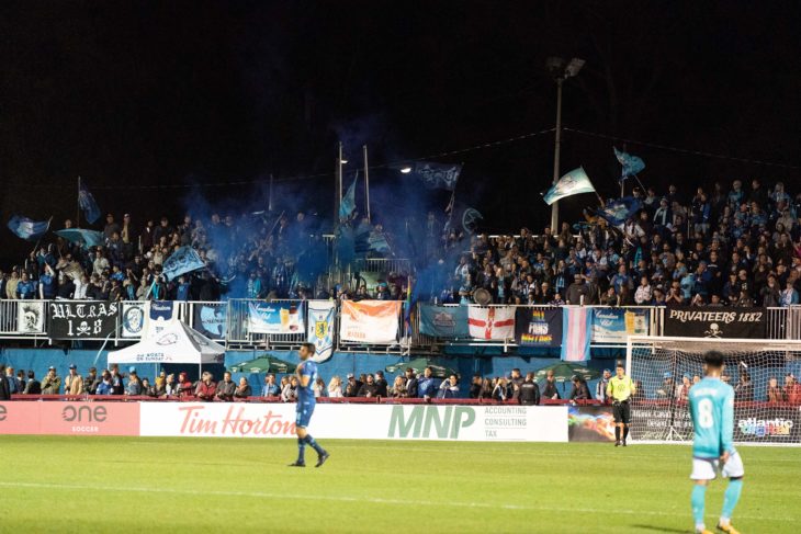 The signature blue smoke at the last Wanderers home match this season against Pacific, Oct 9. Photo: Scott Tanner.