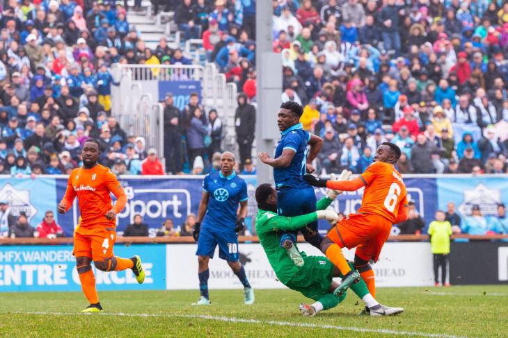 Garcia pouncing on a rebound to score the Wanderers first goal against Forge in May. Photo: Trevor MacMillan.