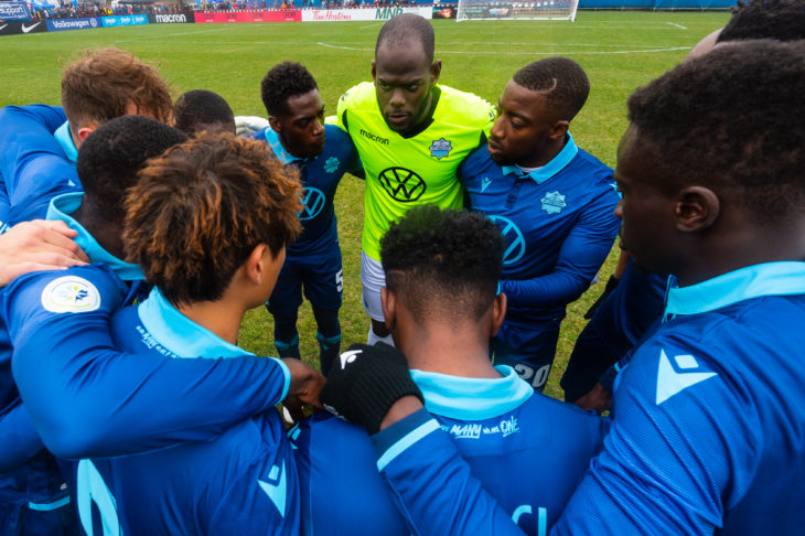 The big Trini keeper giving a pep talk to the Wanderers players prior to the home opener against Forge May 4, 2019. Trevor MacMillan.